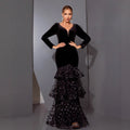 Long Sleeved V neck Evening Dress Slim Fit Slimming Layered Mesh Dress High End Host Formal Dress