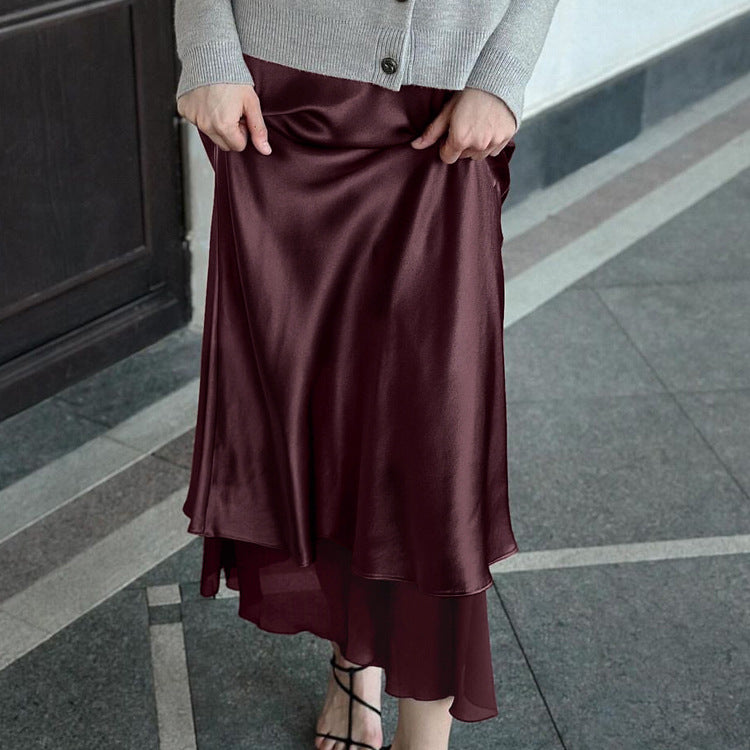 Women Clothing Satin Skirt Women Spring Summer Patchwork Mesh Double Layer Design Sheath