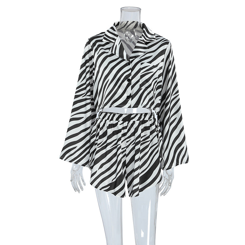 Satin Striped Summer Pajamas Long Sleeves Cropped Cardigan Shorts Two Piece Set Ladies Homewear