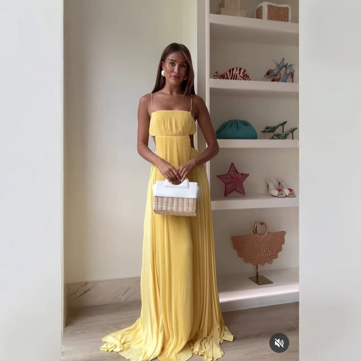 Women Summer Cami Dress Sexy Pleated Backless Dress
