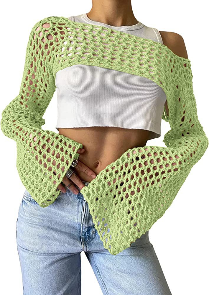 Sexy Hollow Out Cutout Sweater Solid Color round Neck Long Sleeve Knitted Blouse Crochet hook