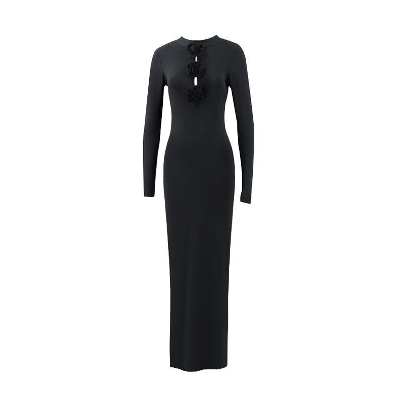 Fall Women Clothing Sexy Cutout Socialite Private Clothing Elegant Three Dimensional Floral Long Sleeve Slim Maxi Dress