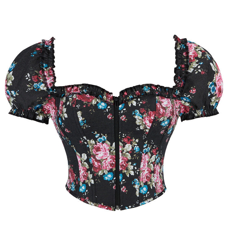 Sexy Backless Puff Sleeve French Print Boning Corset Strap Retro Vest Women Top