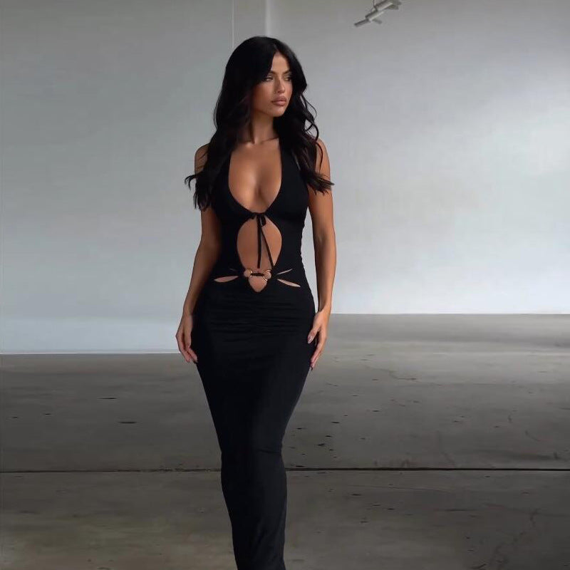 Summer Autumn Women Clothing Short Sleeve Sexy V Lace up Slim Fit Hollow Out Cutout Dress