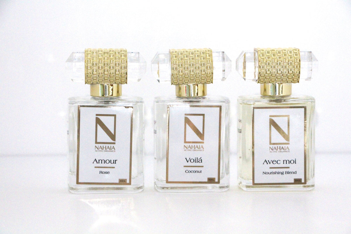 Natural Perfume Gift Set      3 × 1.76 fl oz Eau de Parfum A luxury trio of organic essential oil perfumes: Nourishing Blend, Rose, and Coconut. Natural, non-synthetic, sensual, and uplifting.