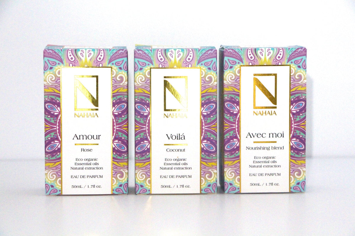 Natural Perfume Gift Set      3 × 1.76 fl oz Eau de Parfum A luxury trio of organic essential oil perfumes: Nourishing Blend, Rose, and Coconut. Natural, non-synthetic, sensual, and uplifting.