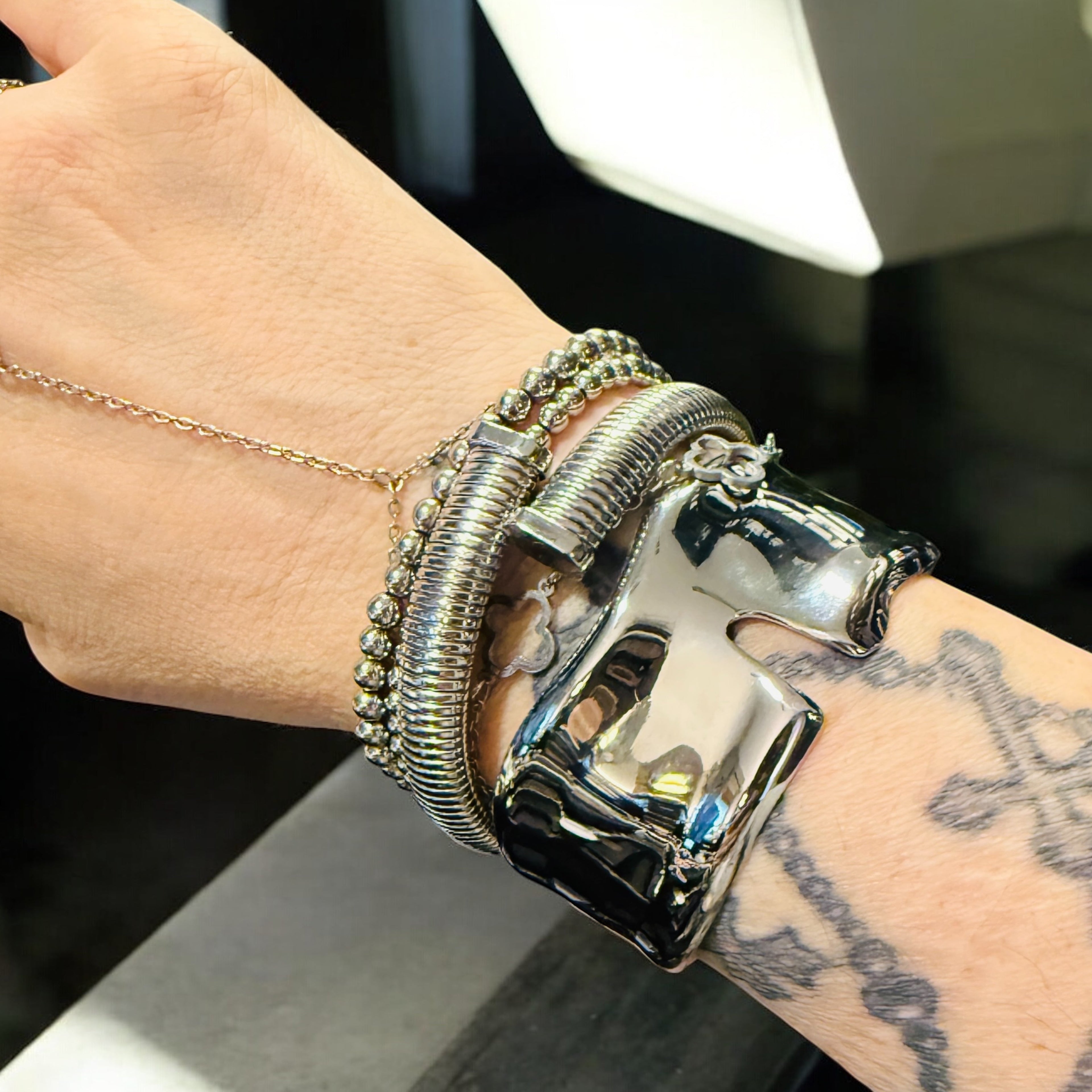 Waterproof Abstract Open Cuff Bracelet Polished Stainless Steel & 14k Gold PVD Plated Stainless Steel