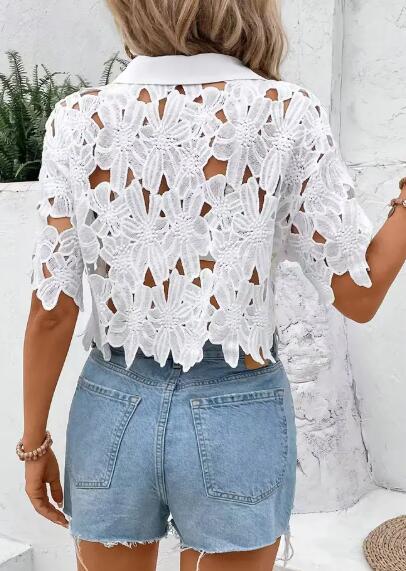 Miss Sparkling Cut-Out Cropped Lace Shirt