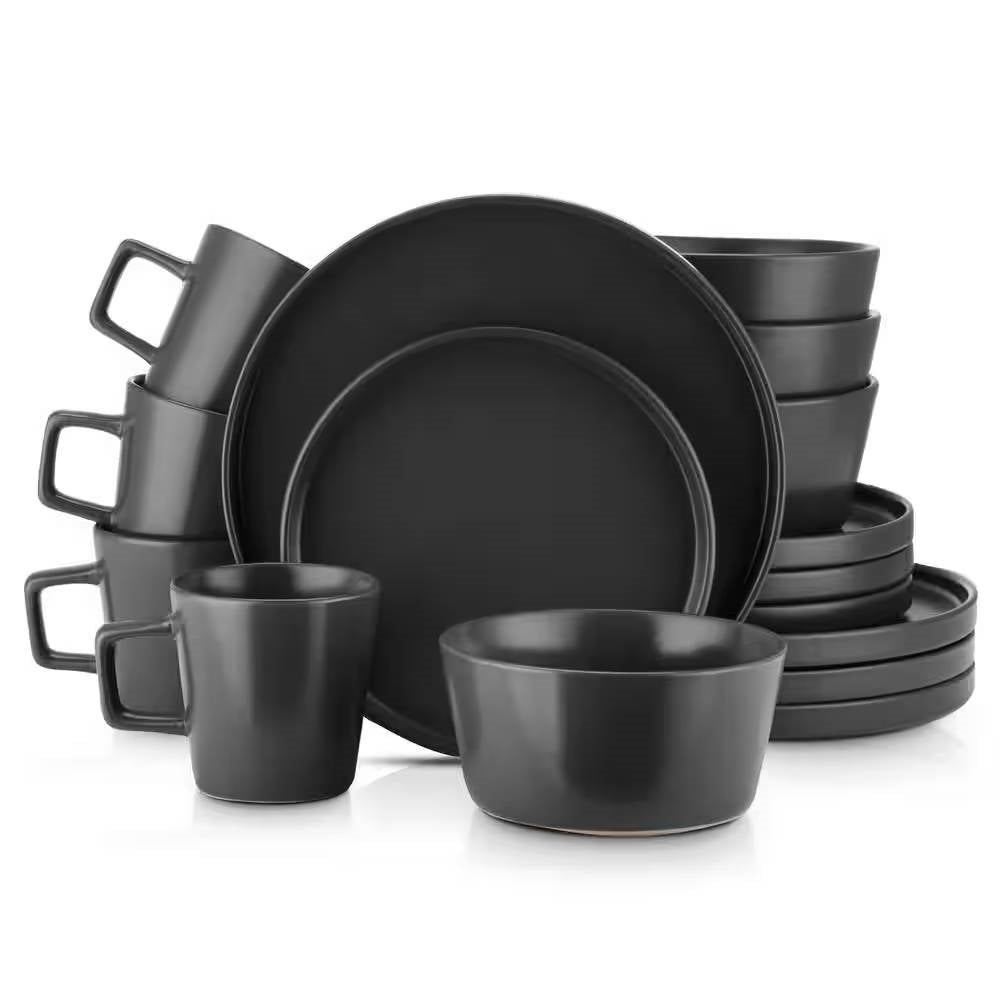 16-Piece Stoneware Dinnerware Set in Matte Black - Service for 4 ...