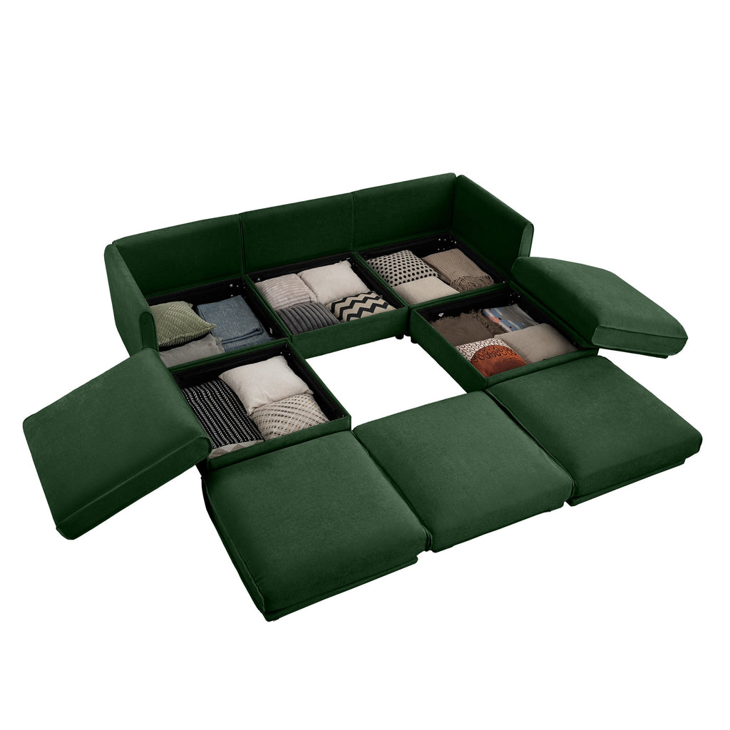 Elegant Green Chenille  Sofa with Storage Seat and Ottoman, U-Shaped 3-Seater Cylindrical Backrest and Armrests, Contemporary 3-Seater Fabric Couch with Hidden Storage Compartment