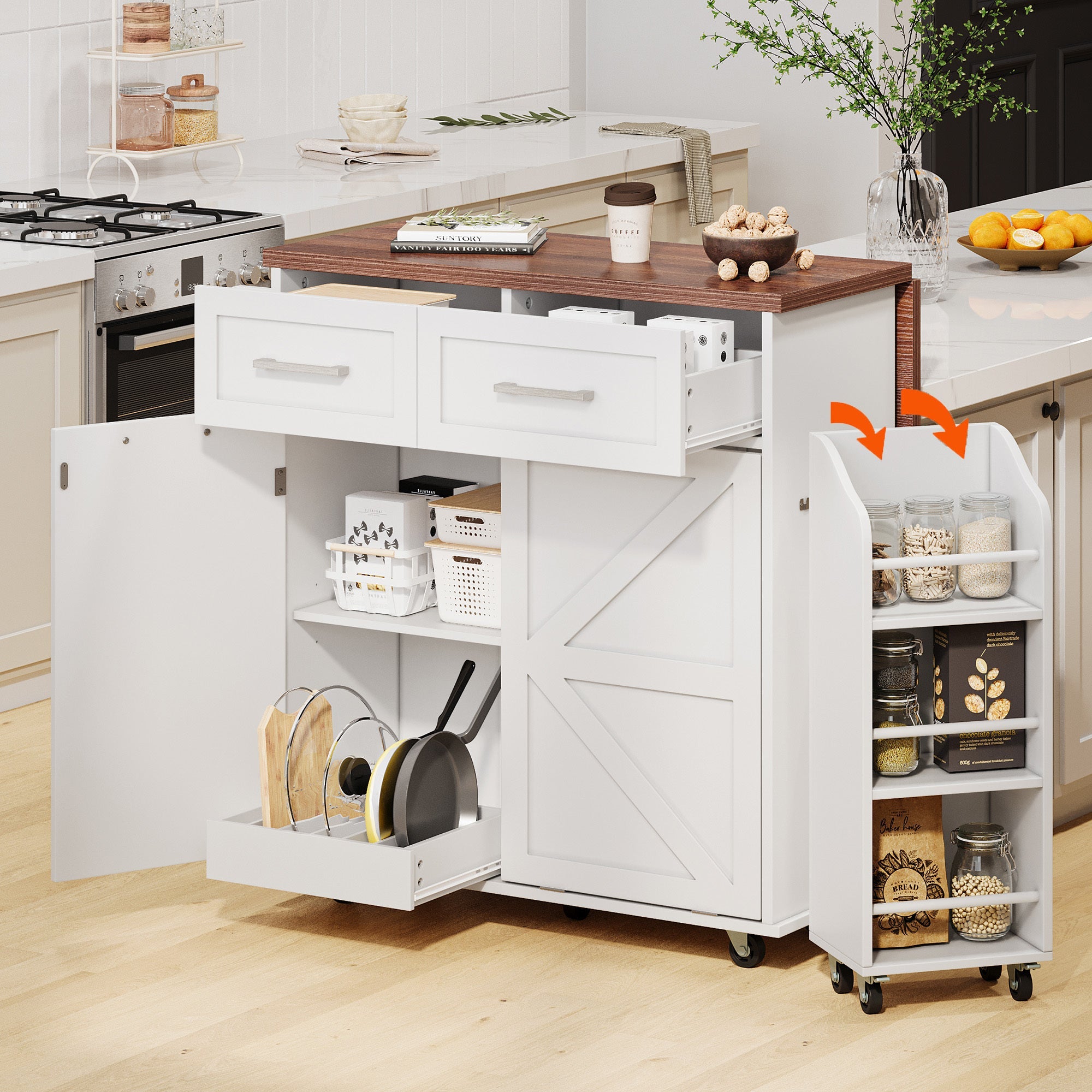 K&K 47.2' Farmhouse Kitchen Island with Drop Leaf, Kitchen Storage Island with Removable Side Racks, Two Drawers, Rolling Kitchen Cart on Wheels with Towel Rack, for Home, Kitchen, Dining Room, White