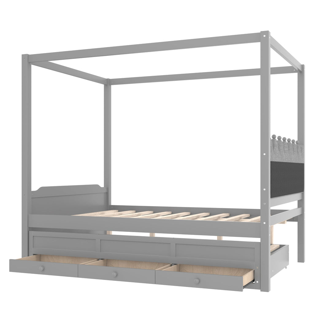 Full Platform Bed with Upholstered Headboard,Twin Size Trundle and 3 Drawers,Princess Canopy Bed Frame for Kids,Storage & Easy Assembly,Gray.