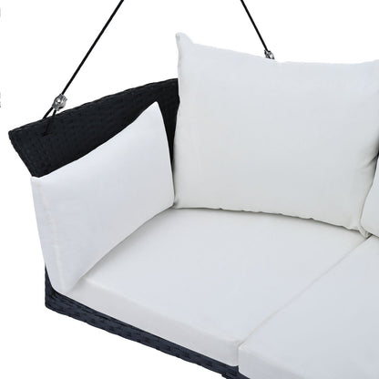 LuneluX_Home – Hanging Rattan Porch Swing for 2 (Black Wicker + White
