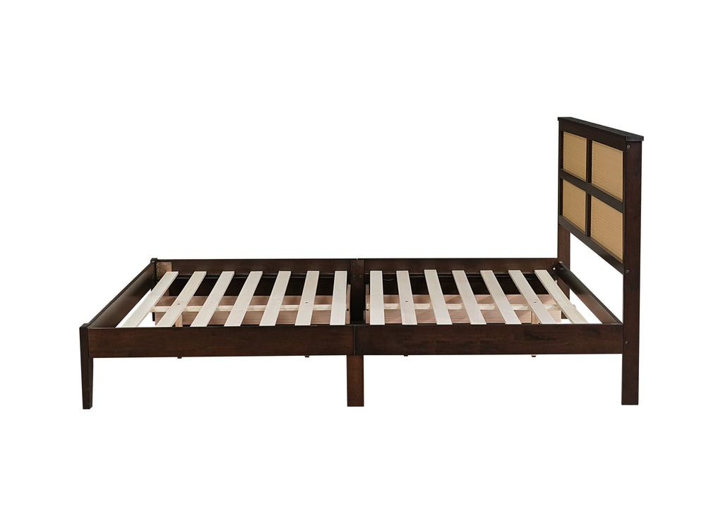 King Size Bed with Rattan Headboard, Two Storage Drawers, Rubber Wood Bed with Enhanced  Support Salts and Feet,Espresso