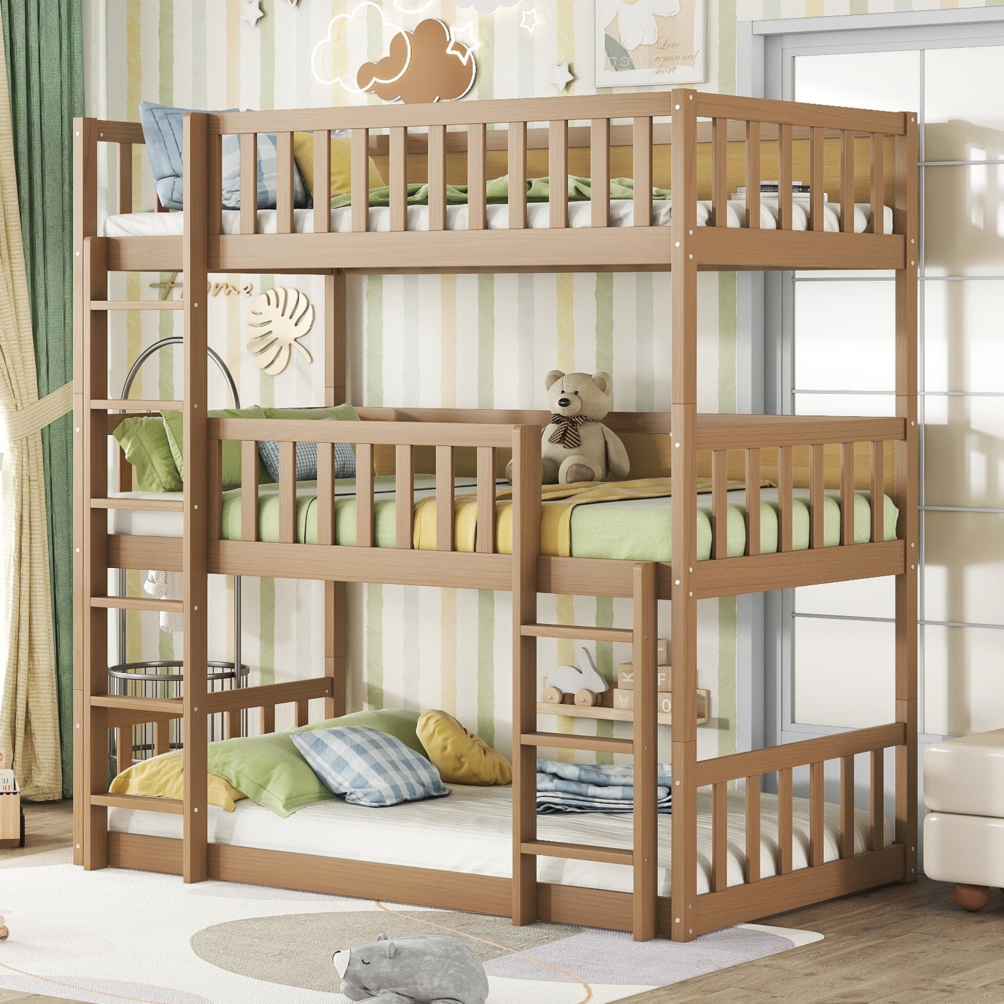 Twin Size Triple Rubber Wood Bunk Bed, with Ladders, Guardrails Detachable Bunk Bed, Twin over Twin over Twin,Natural