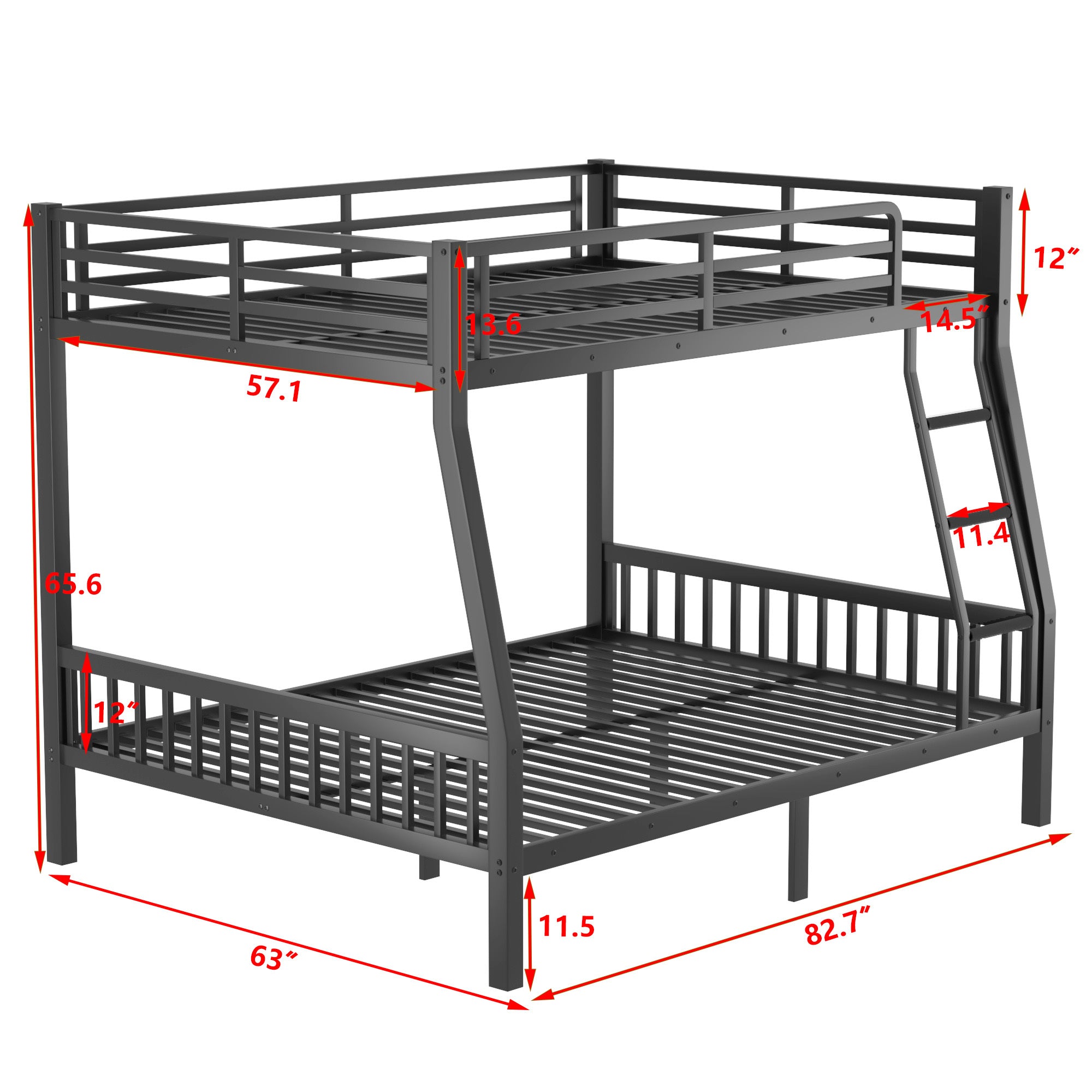 Full XL Over Queen Metal Bunk Bed with Ladder and Slats Support for Adults Teens, Black(Old SKU W2580S00002)