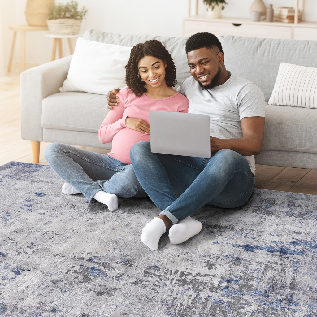 NAAR MARFI Collection 2X3 Silver / Blue / Abstract Doormat Rug