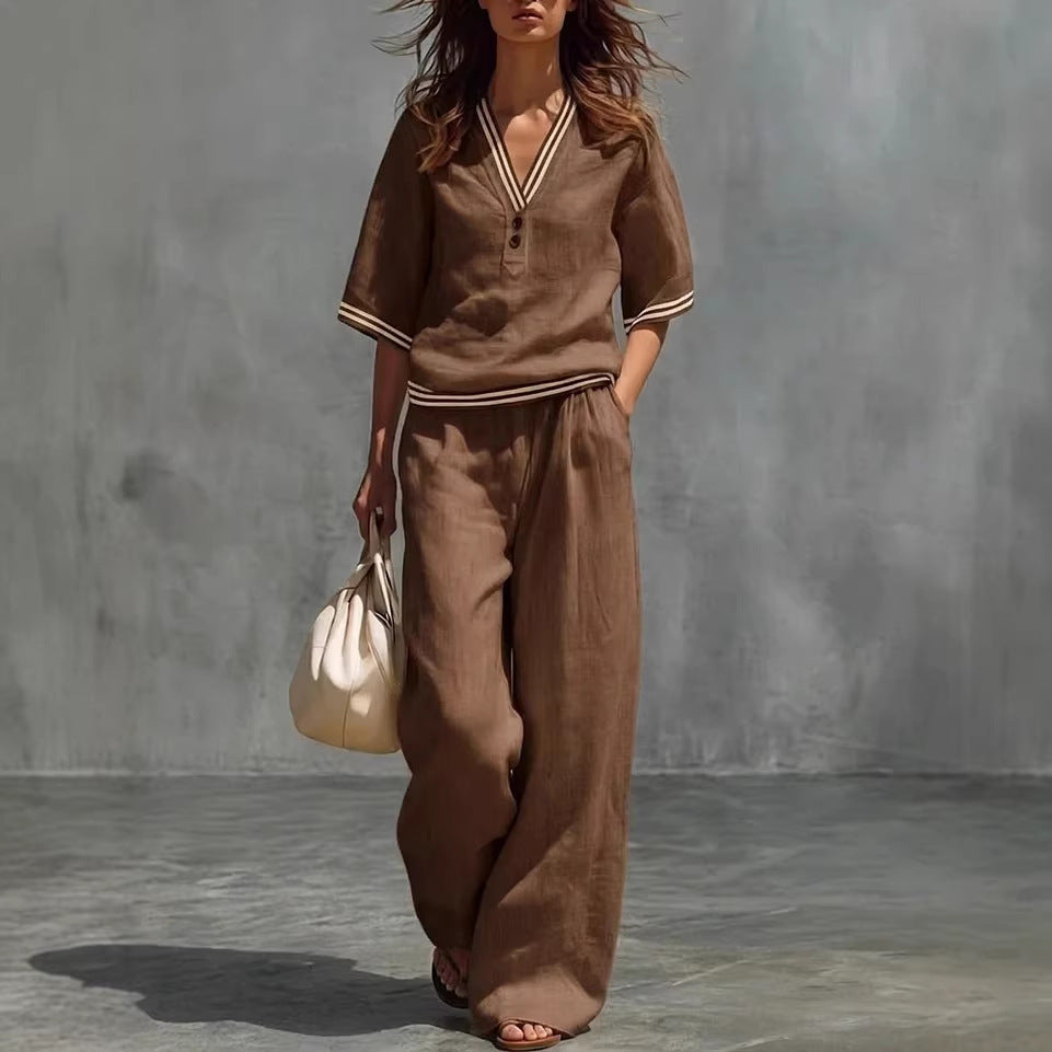 V-Neck Short-Sleeve Shirt & Pants Set – Cotton-Linen Two-Piece