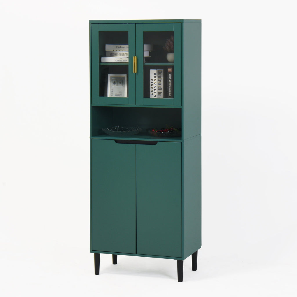 Tall Storage Bookcase with 2 Glass Display Door & 2 Doors, Tall Kitchen Pantry Cabinet with Gold Handles, Modern Cabinet Freestanding Living Room Green