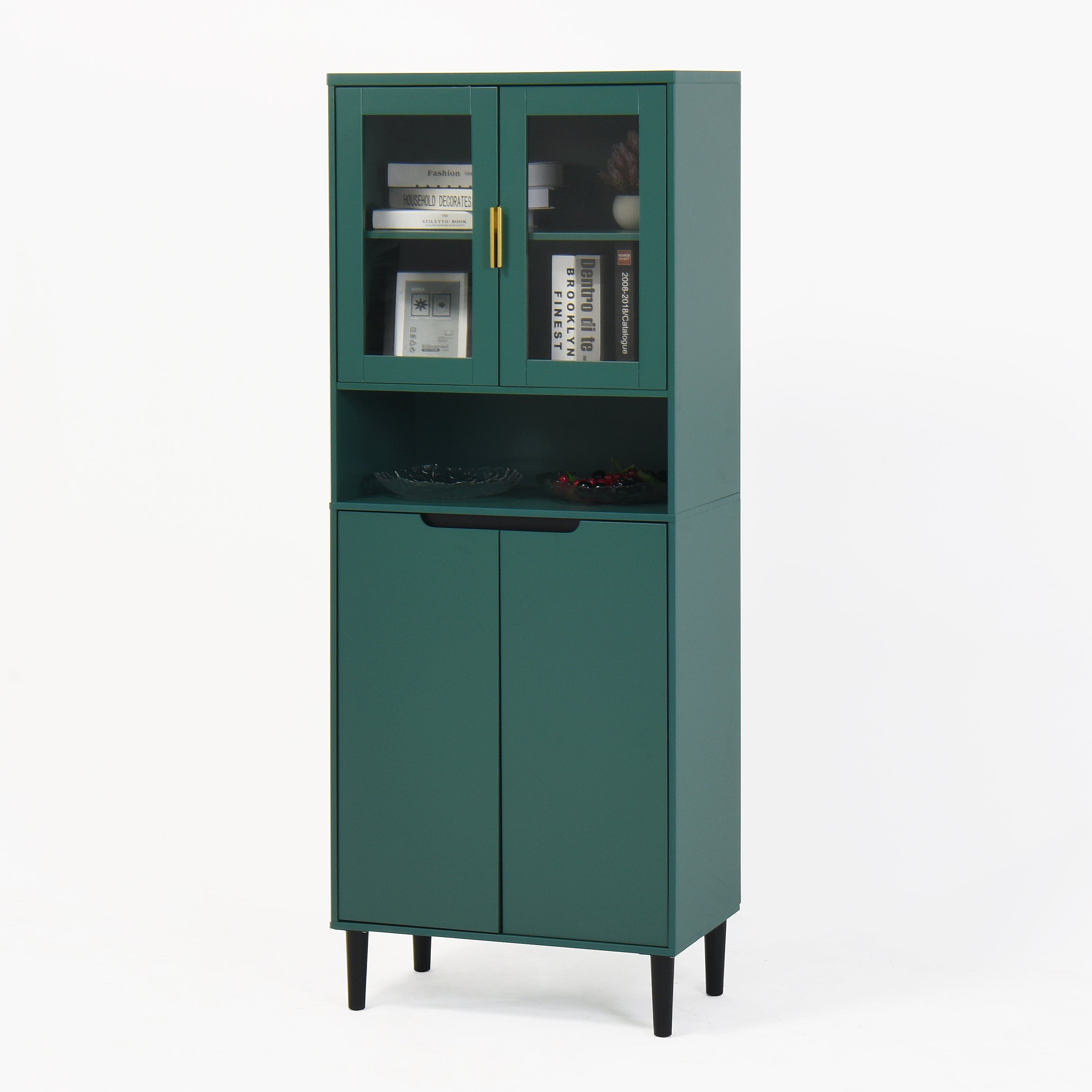 Tall Storage Bookcase with 2 Glass Display Door & 2 Doors, Tall Kitchen Pantry Cabinet with Gold Handles, Modern Cabinet Freestanding Living Room Green