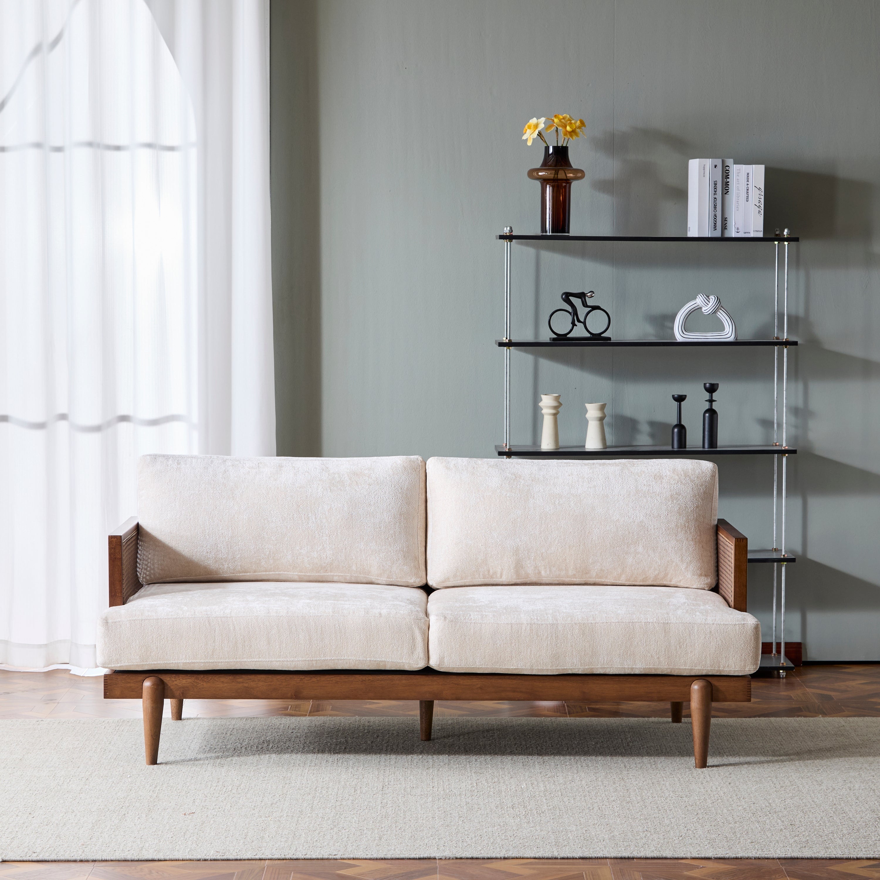 EMIR 72' Square Arm 3-Seater Sofa with Cane Rattan and Wooden Frame,Walnut,,Living Rooms,Bedrooms,Apartment Office