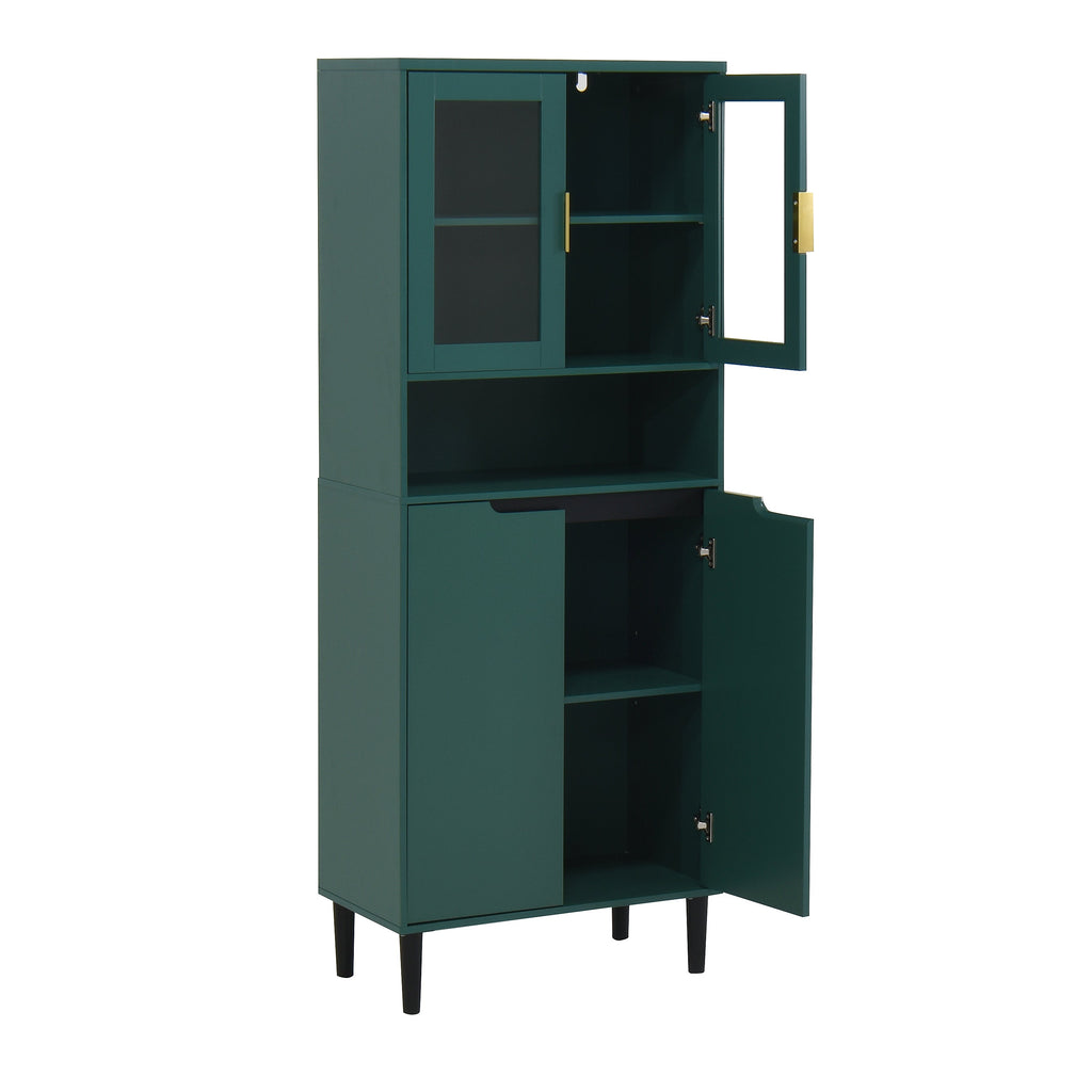 Tall Storage Bookcase with 2 Glass Display Door & 2 Doors, Tall Kitchen Pantry Cabinet with Gold Handles, Modern Cabinet Freestanding Living Room Green
