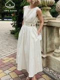 Women's French Minimalist Sleeveless Crew-Neck Midi Dress – White S–XXL