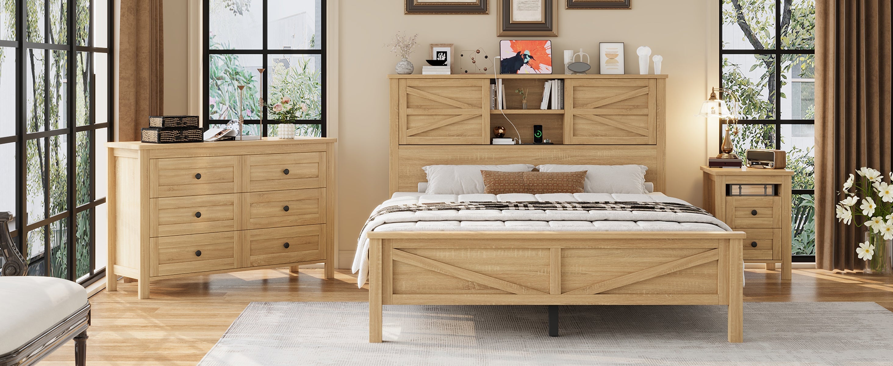 3-Pieces Bedroom Sets Queen Size Farmhouse Platform Bed with Double Sliding Door Storage Headboard and Charging Station, Storage Nightstand and Dresser, Natural