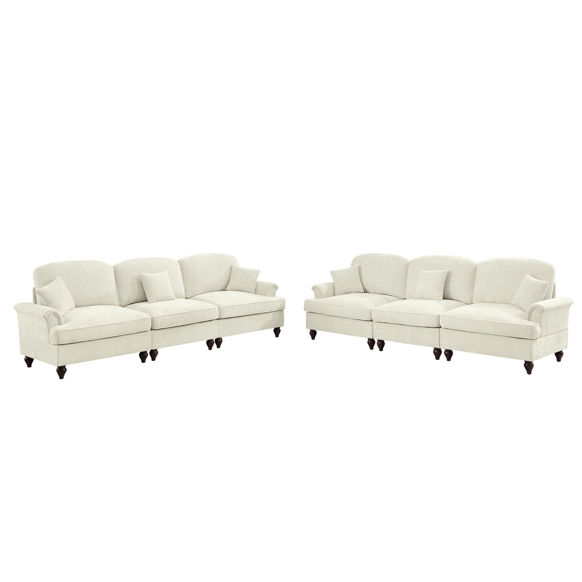 Classic 2 Piece Modular Couch Living Room Sofa Set with Flared Arms and Removable Ruffles Pleats Skirts and Spindle Legs, 3 Seater Sofa +3-Seat Loveseat Sofa Sets for Living Room, Beige White