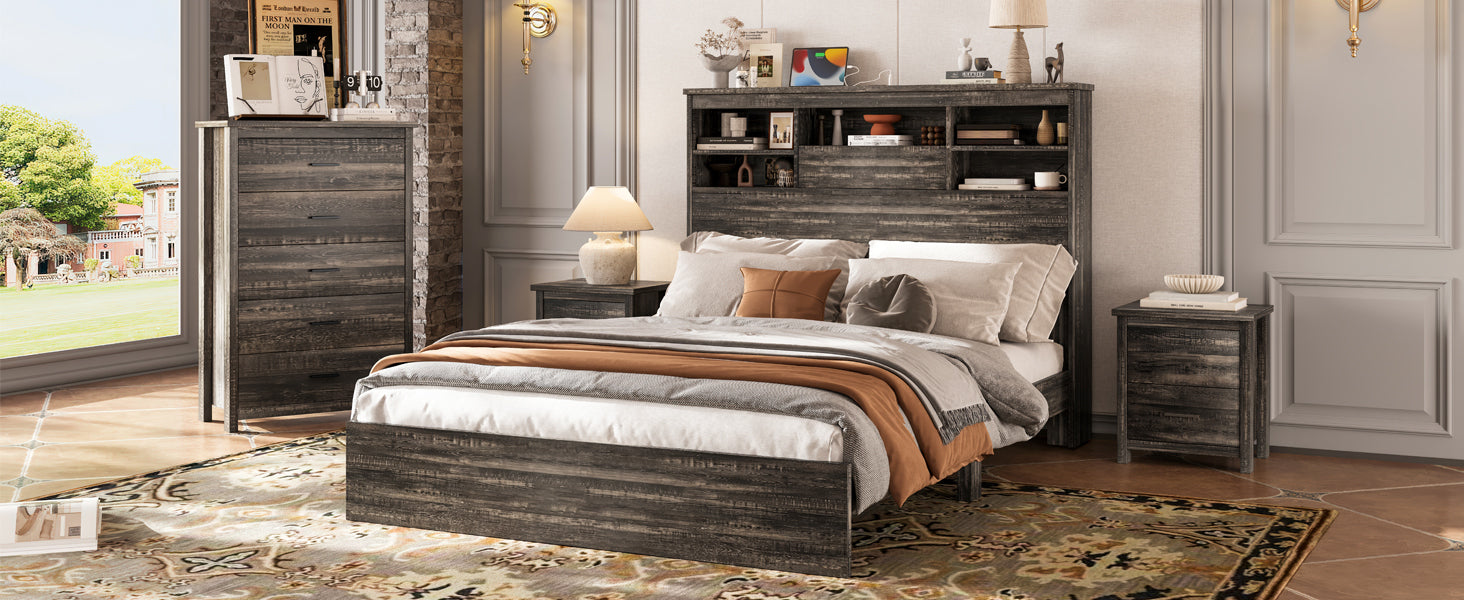 4PCS Bedroom Sets, Wooden Queen Size Bed Frame with Storage Headboard and Charging Station, 2 Nightstands with 2 Drawers, 1 Dresser with 5 Drawers, Antique Gray