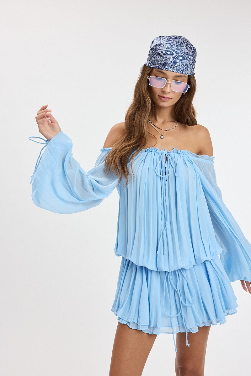 Sky to Moon Bright Chiffon Off-shoulder Tie Accent Mini Dress