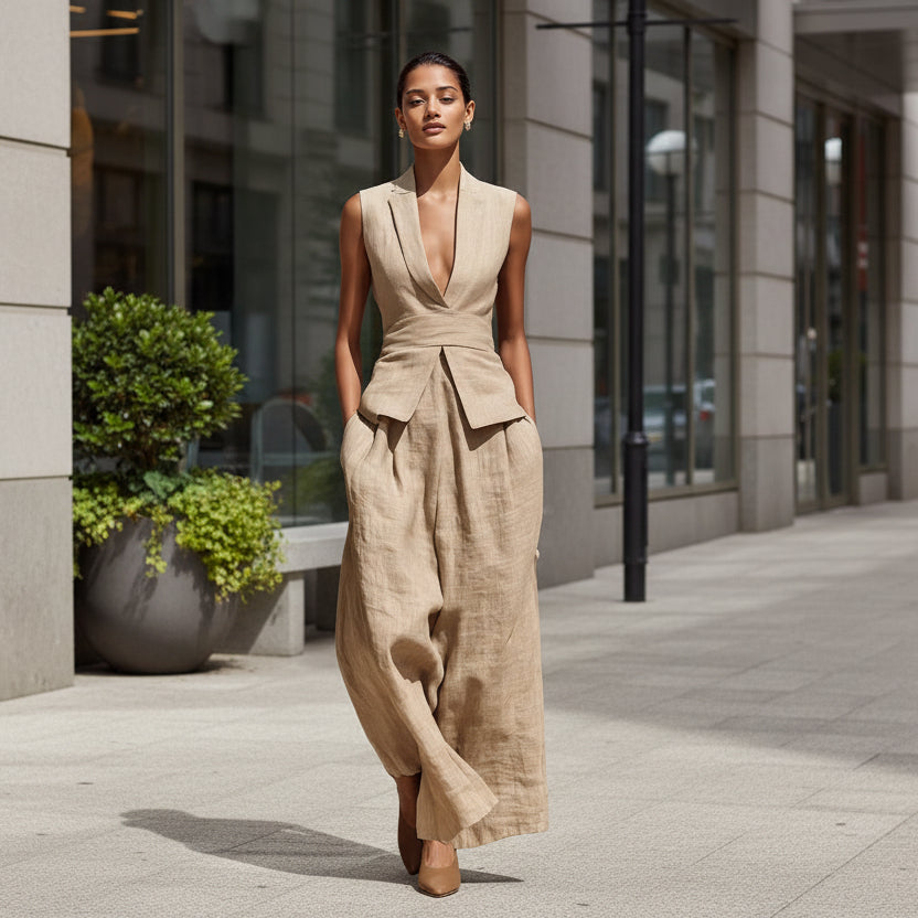 Women's Linen V-Neck Sleeveless Tank Top & Long Pants Set