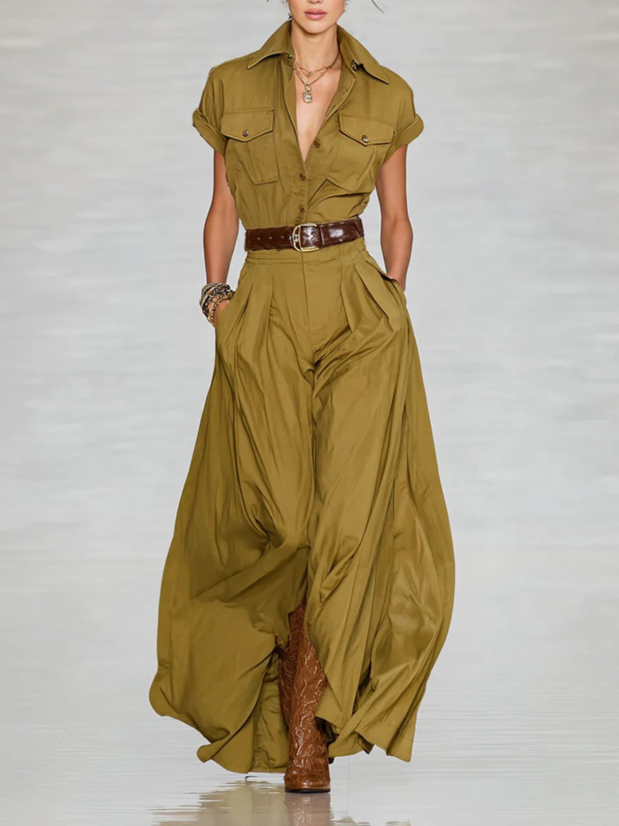 Women's Short-Sleeve Shirt Maxi Dress With Pockets – A-Line Stand Collar