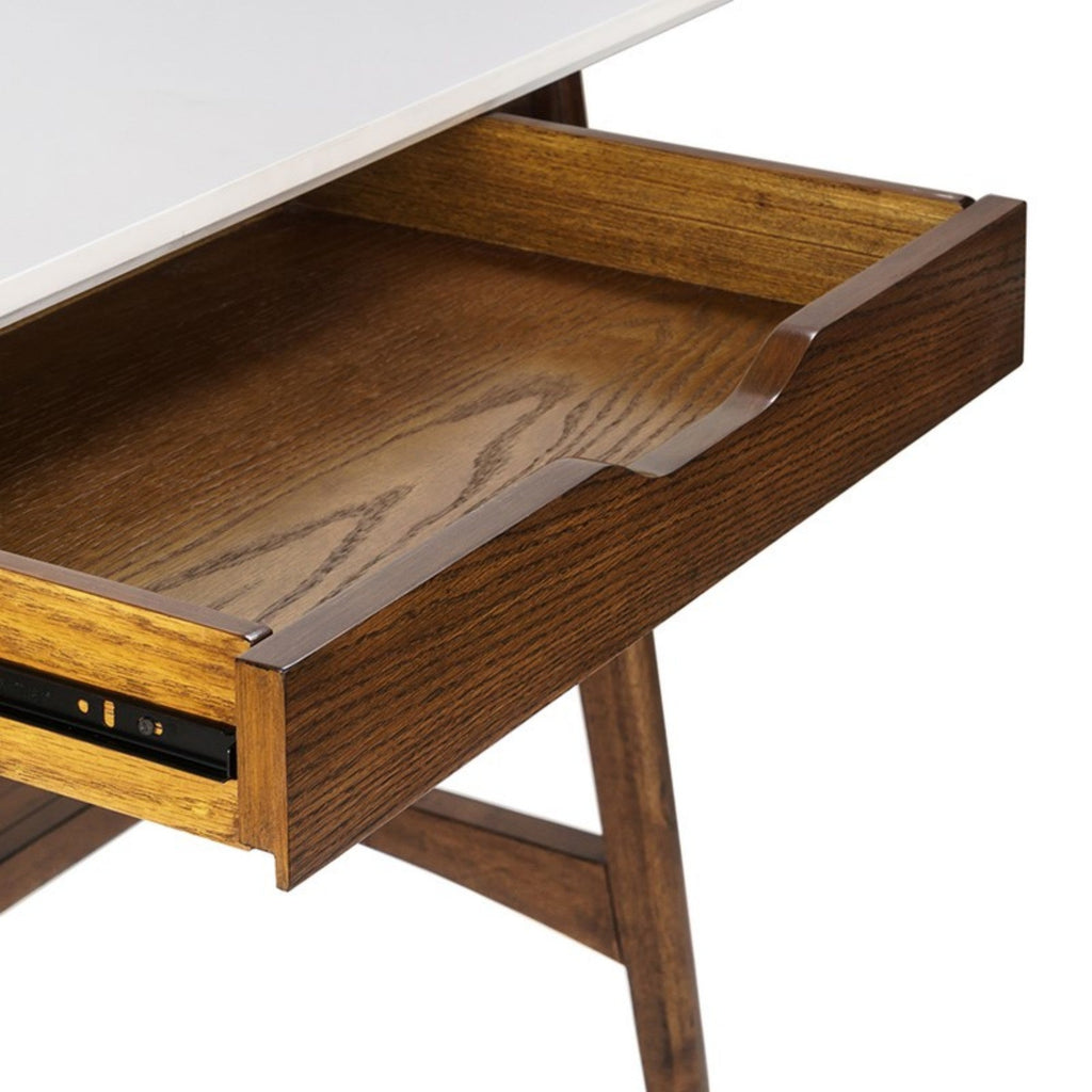 Parker Mid-Century Desk with Storage Shelf in Off-White and Pecan Wood