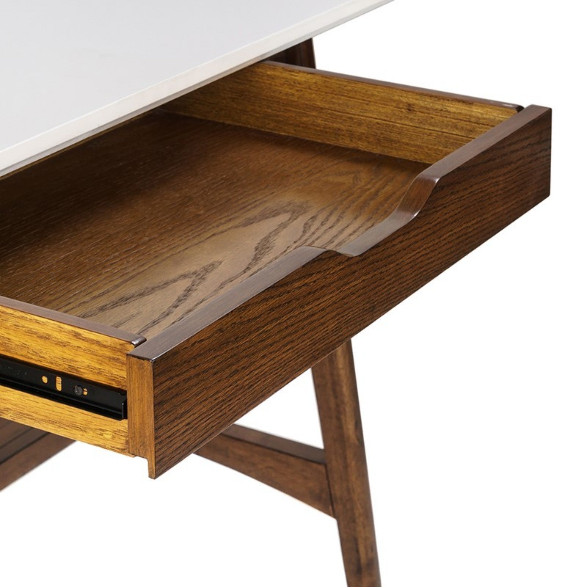 Parker Mid-Century Desk with Storage Shelf in Off-White and Pecan Wood