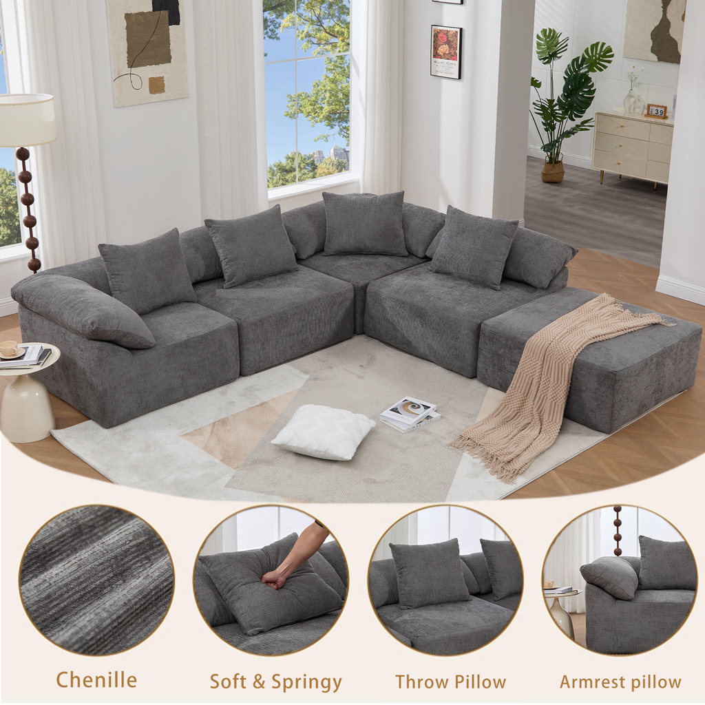 142' L Shaped Modular Sectional Sofa,No Assembly,5 Piece Couch, Convertible Sleeper Couch,Full-Compressed Couch,Free-Combined Couches,5 Seat & Ottoman,Chenille,Gray