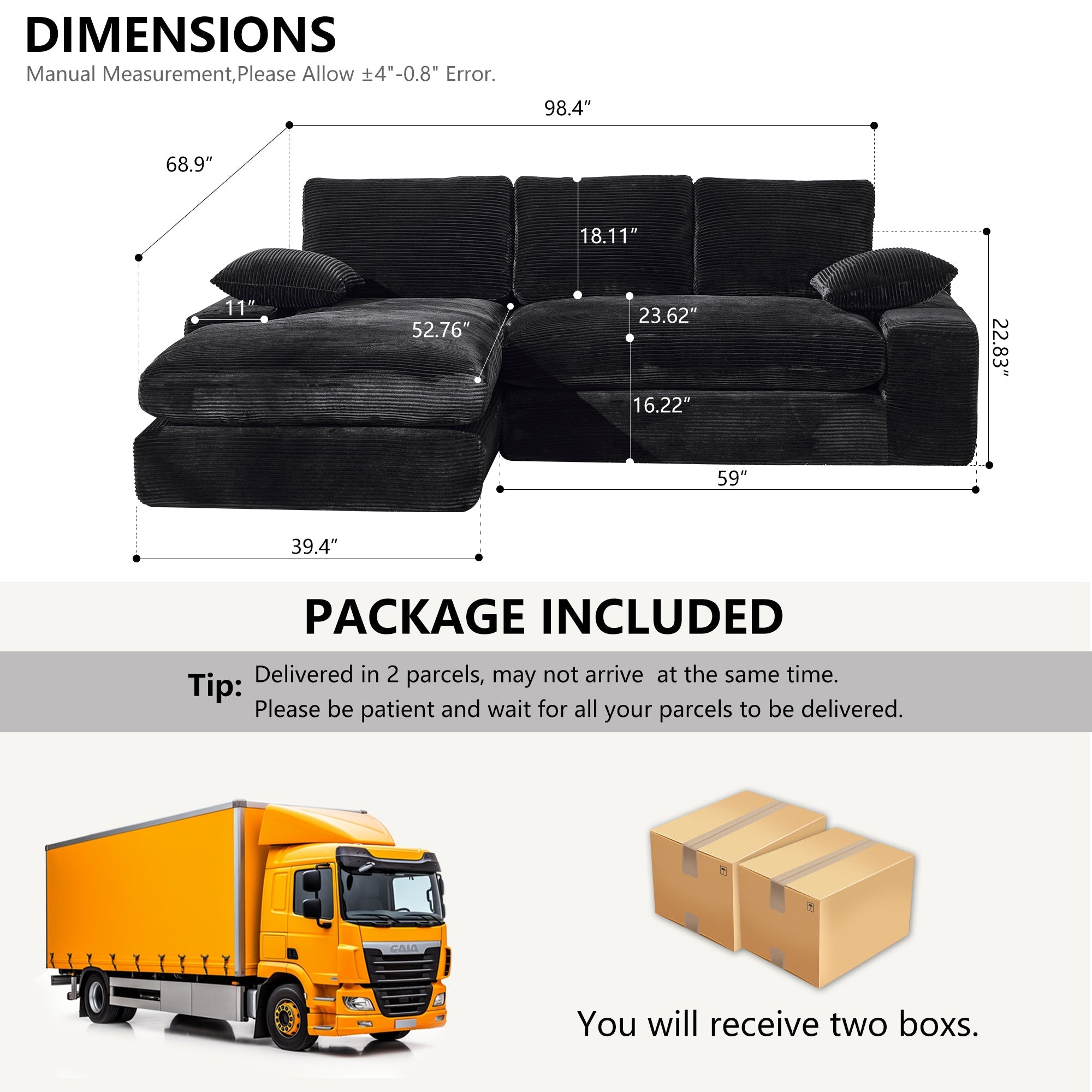 99*69' Modular Sectional Living Room Sofa Set, Modern Minimalist Style Couch, Upholstered Sleeper Sofa for Living Room, Bedroom, 2 PC Free Combination, Installation-free Sofa, L-Shape, Black