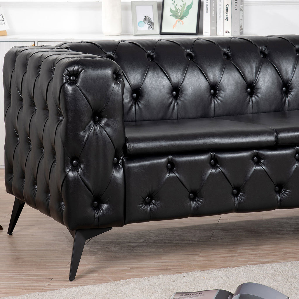 Traditional Square Arm Sofa with Removable Cushions in Black PU, 84.06 Inch Width
