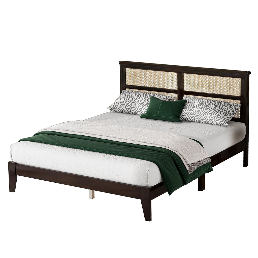 Queen Size Rubber Wooden, Solid Wooden Bed with Rattan Headboard, Enhanced by Support Feet,Espresso