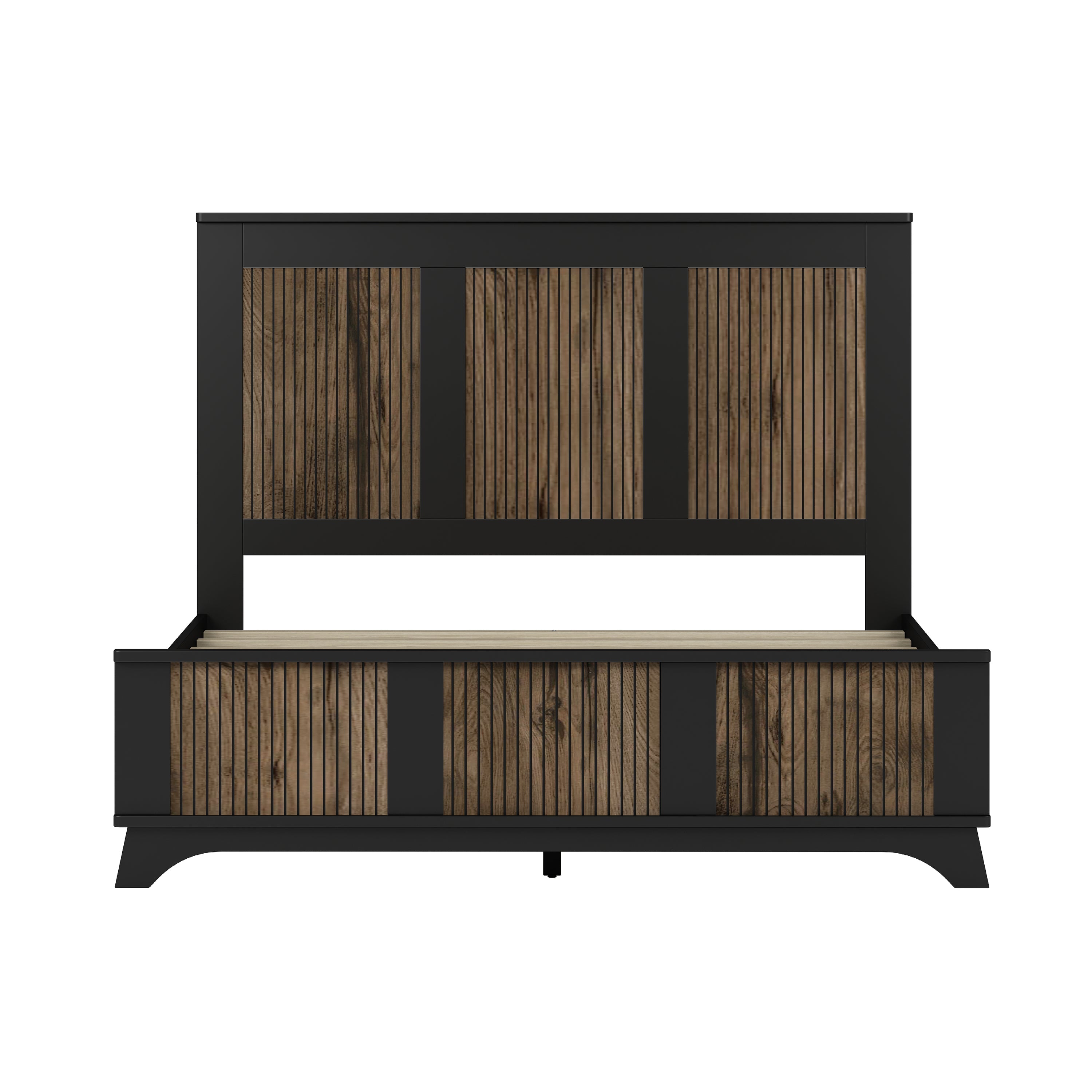 4-Pieces Bedroom Sets, Queen Size Farmhouse Platform Bed with Wooden Strip Stickers Decoration, Storage Nightstand and Dresser with Metal Handle, Black(Old SKU: HL000191AAB)