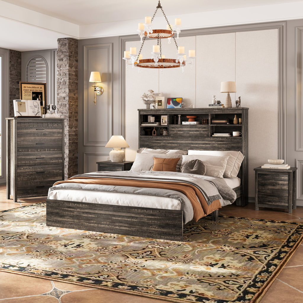 4PCS Bedroom Sets, Wooden Queen Size Bed Frame with Storage Headboard and Charging Station, 2 Nightstands with 2 Drawers, 1 Dresser with 5 Drawers, Antique Gray