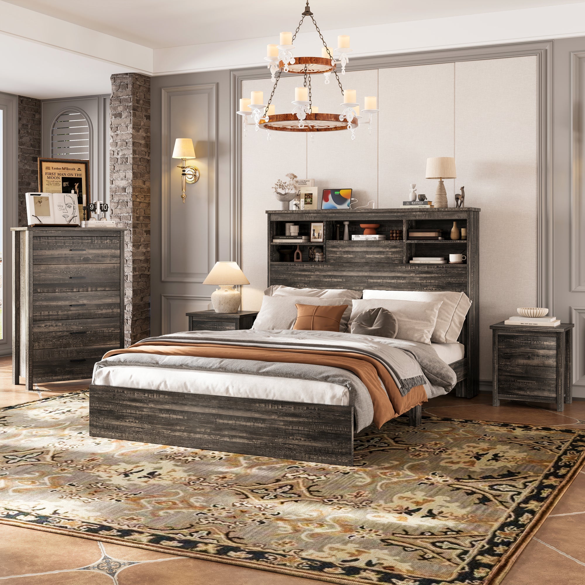 4PCS Bedroom Sets, Wooden Queen Size Bed Frame with Storage Headboard and Charging Station, 2 Nightstands with 2 Drawers, 1 Dresser with 5 Drawers, Antique Gray