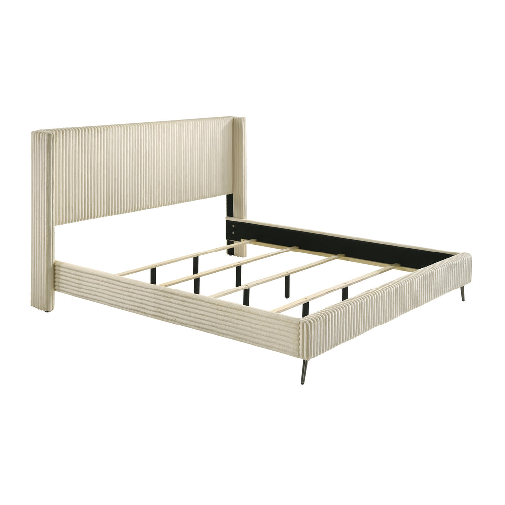 Mavela Wide Wale Corduroy Upholstery Panel King Bed with 2 Nightstands and Bench, Cream