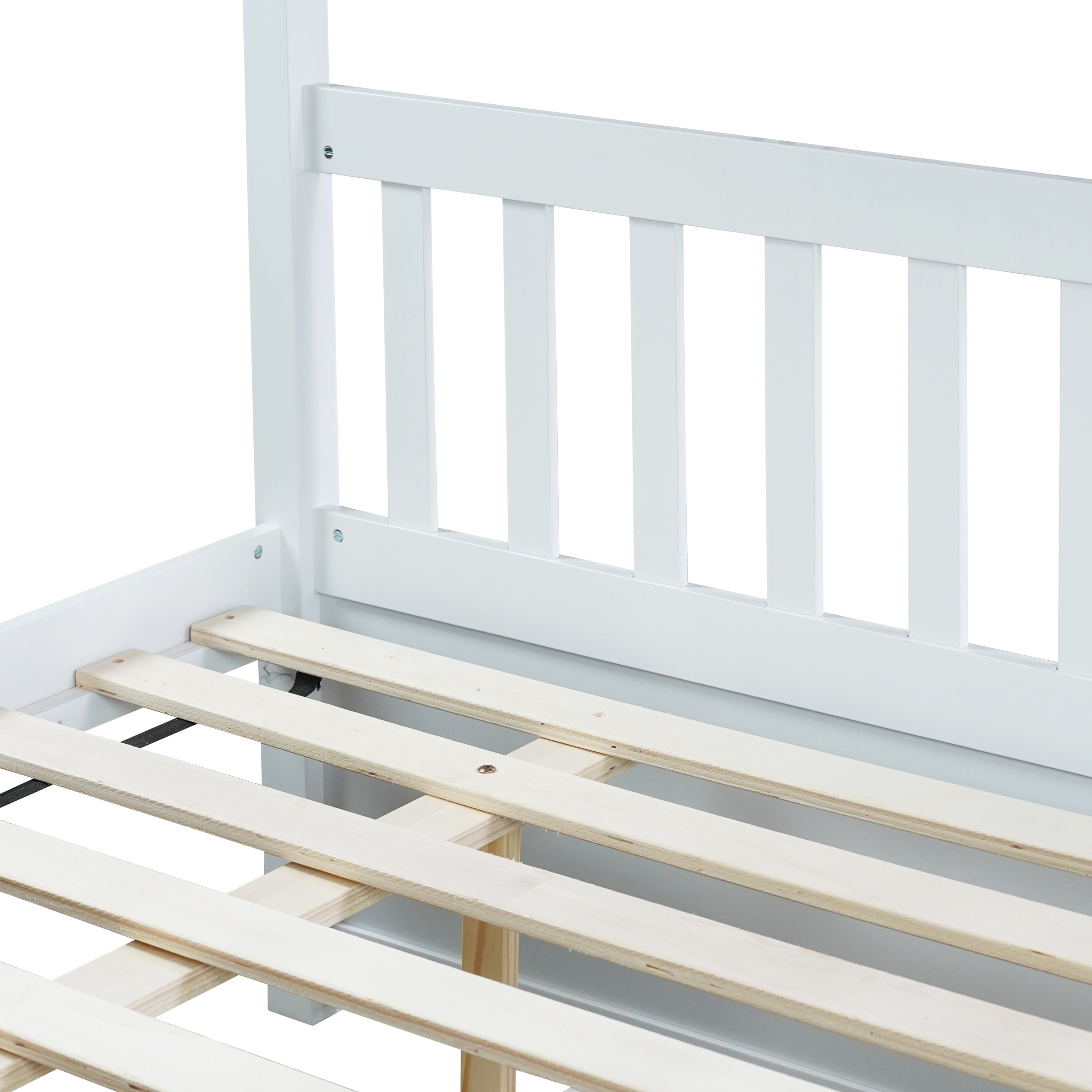 Full Over Full Rubber Wood Bunk Bed with Trundle, Ladder and Guardrails, Convertible to 2 Full Size Beds, with Twin Size Trundle,White
