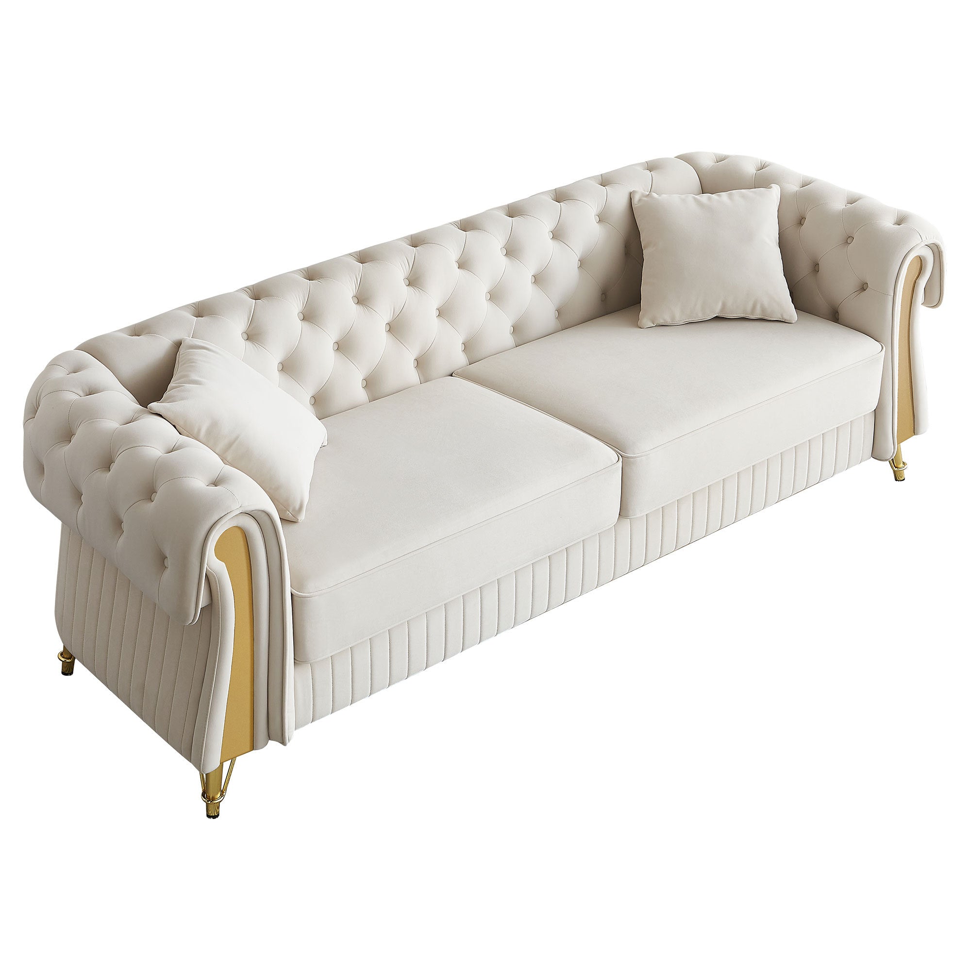 89''W Chesterfield Modern Tufted Velvet Living Room Sofa with Two Seat Cushions and Two Toss Pillows,Beige