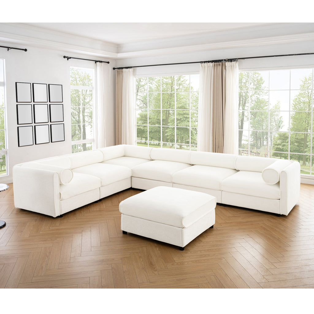 Large Modular Sectional Sofa Sectional Couch with Storage Chenille Sectional Sofa for Living Room, Cylindrical Backrest and Armrests 6 Seats,White