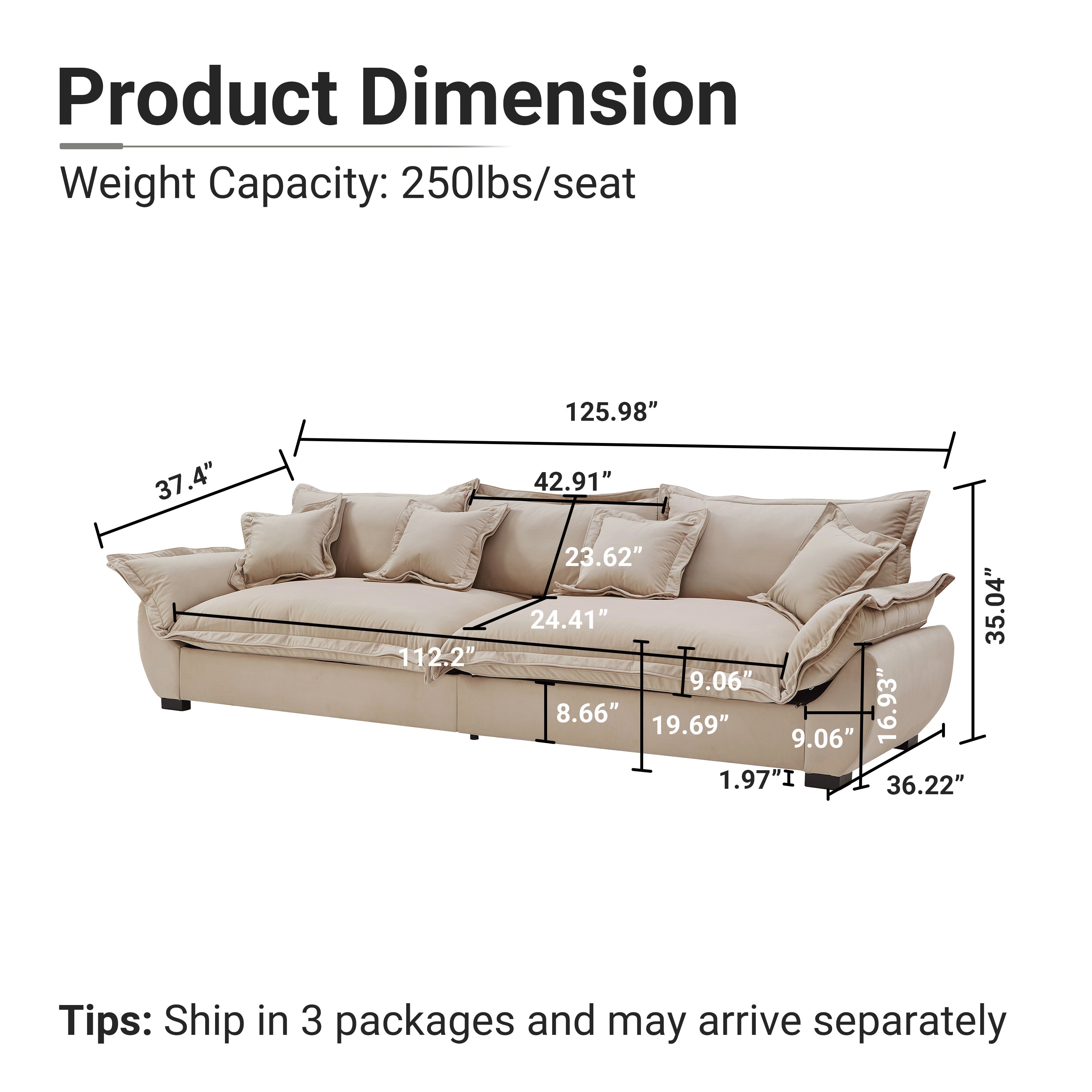 Modular Sectional Sofa, Sailing Design Sofa with Storage, Removable Backrest, Modern Deep Seat Sofa with Throw Pillows for Living Room Bedroom Apartment,Light Khaki