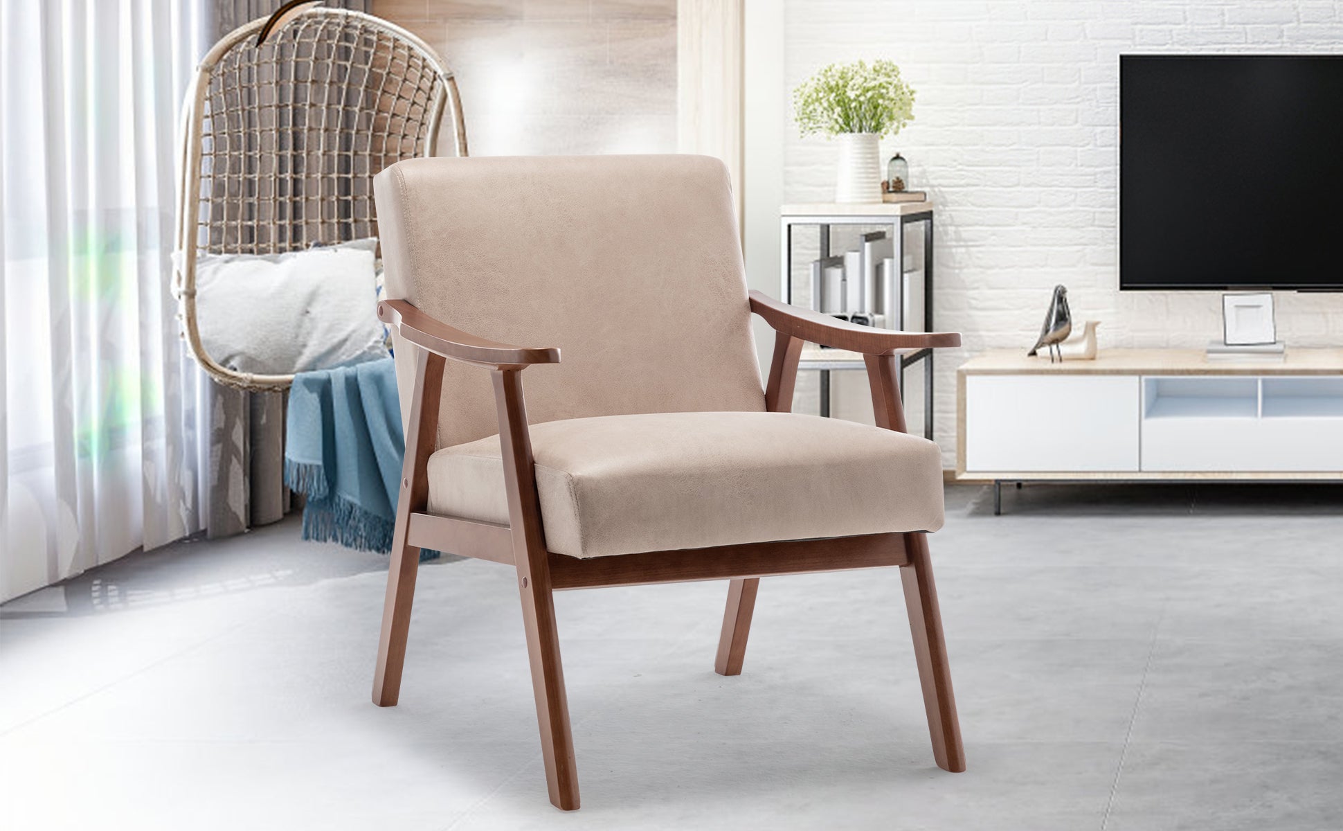 Mid-Century Modern Chair, Living Room Chair with Solid Wood Frame, Accent Chair Extra-Thick Backrest, Wingback Chair for Bedroom, Reading Room, Living Room, Lounge Chair Indoor
