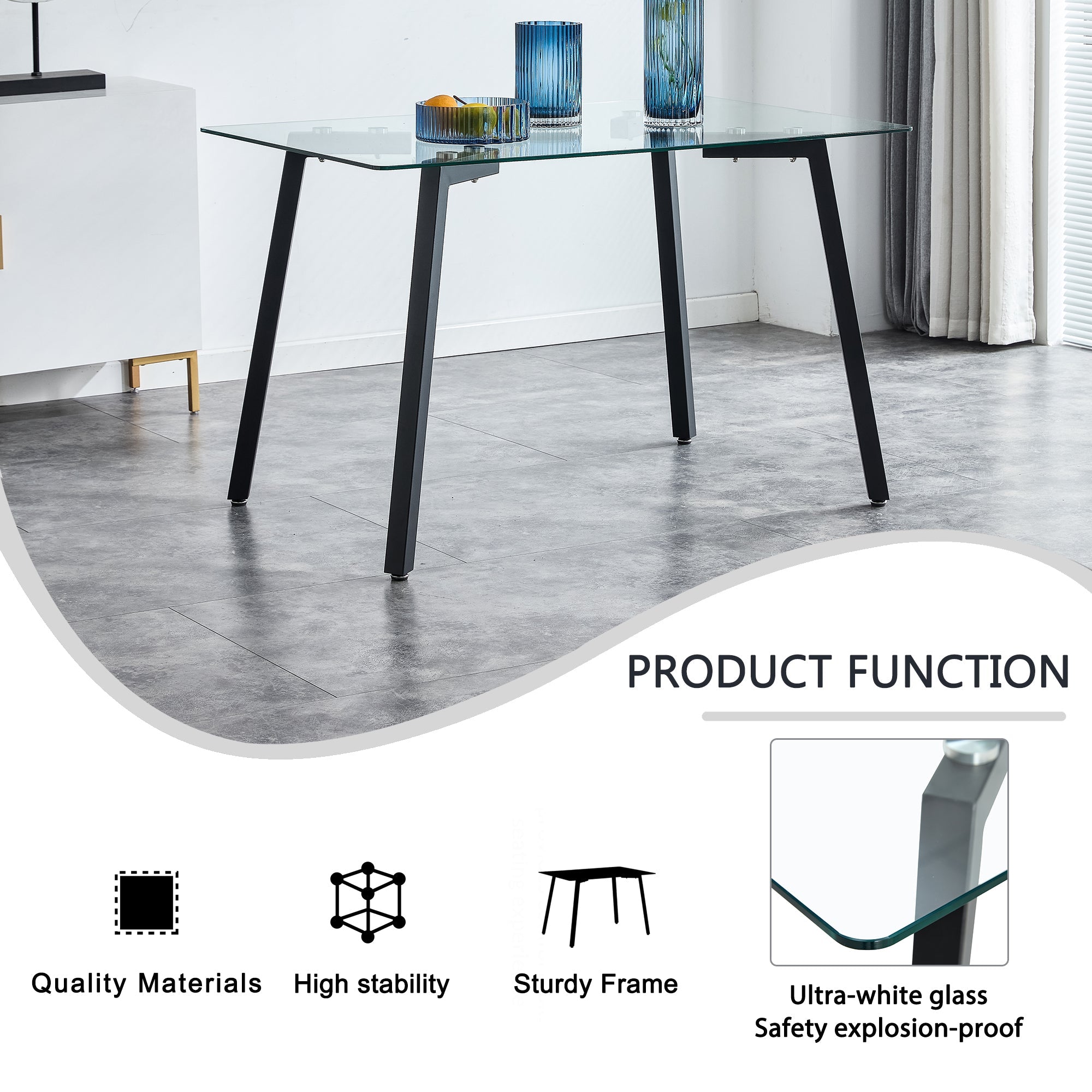 Modern Minimalist Rectangular Glass Dining Table with 0.31' Tempered Glass Tabletop and Black Coating Metal Legs, Writing Table Desk, for Kitchen Dining Living Room, 51' W x 31'D x 30' H.W1151S01839