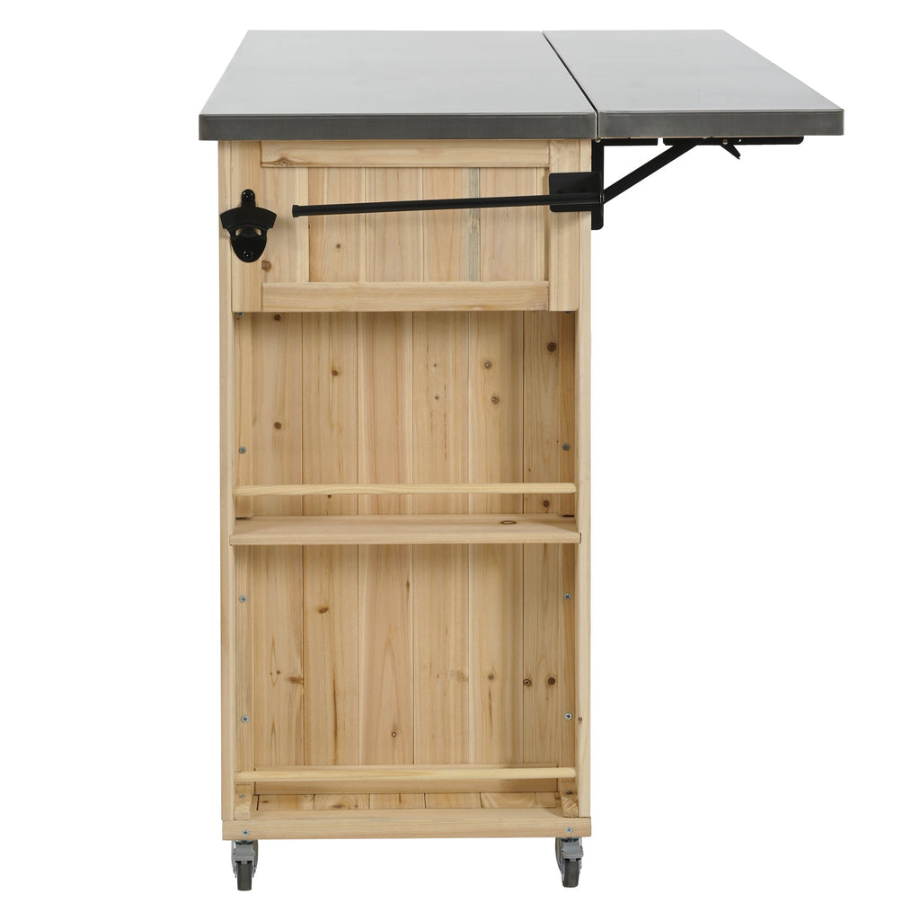 Outdoor Kitchen Island Fir Wood Kitchen Island with Stainless Steel Top, Ample Storage Space, Towel and Spice Racks, Bottle Opener, Natural